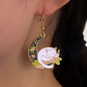 Cat and Moon Dangle Earrings